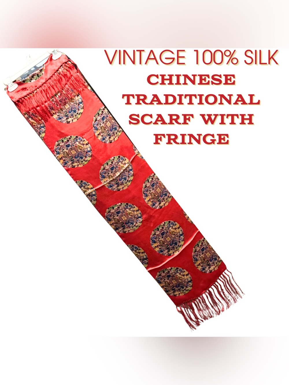 Vtg 100% Silk Red Chinese Traditional Shawl with Fringe Elegant Dragon Medallion